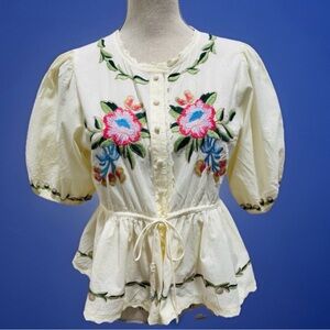 Embroidered Floral Peplum Blouse S Bohemian Summer Cotton Hippie Casual Retro